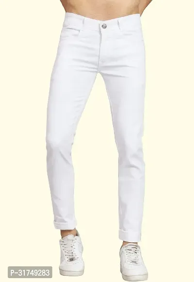 Stylish White Cotton Blend Solid Mid-Rise Jeans For Men-thumb0