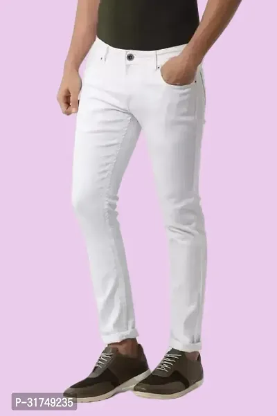 Stylish White Denim Solid Mid-Rise Jeans For Men-thumb2