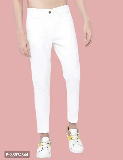 Stylish White Denim Solid Mid Rise Jeans For Men