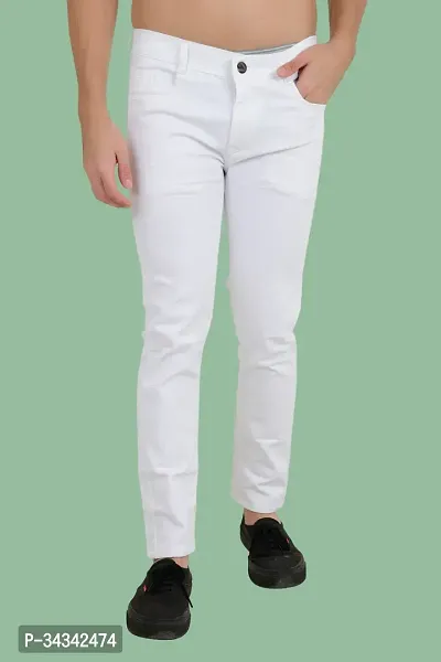 Stylish White Solid Tapered Fit  Denim Jeans For Men-thumb0