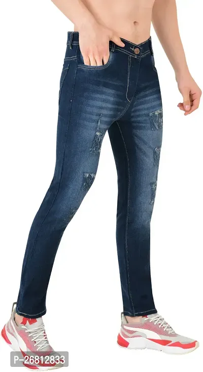 Stylish Cotton Blend Navy Blue Solid Mid Rise Jeans For Men-thumb0