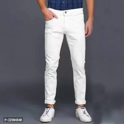 Stylish White Denim Solid Regular Fit Jeans For Men-thumb0