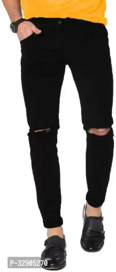 Stylish Black Denim Solid Regular Fit Jeans For Men-thumb0