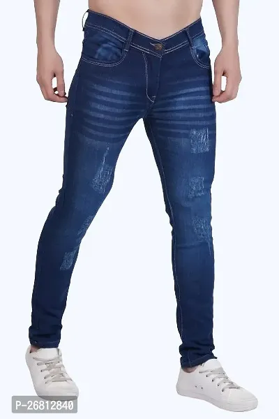 Stylish Cotton Blend Navy Blue Solid Mid Rise Jeans For Men-thumb0