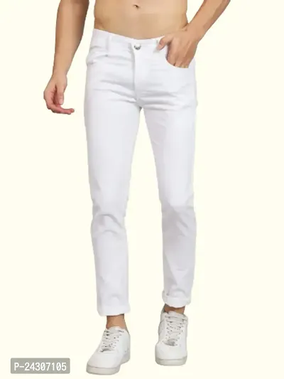 Stylish White Cotton Blend Solid Mid-Rise Jeans For Men-thumb0