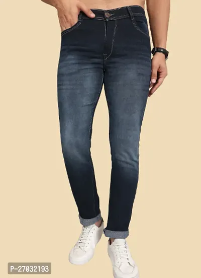 Classic Blue Cotton Blend Solid Jeans For Men-thumb0