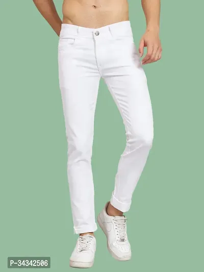 Stylish White Solid Tapered Fit  Denim Jeans For Men-thumb0