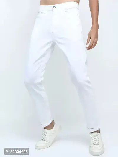 Stylish White Denim Solid Regular Fit Jeans For Men-thumb0