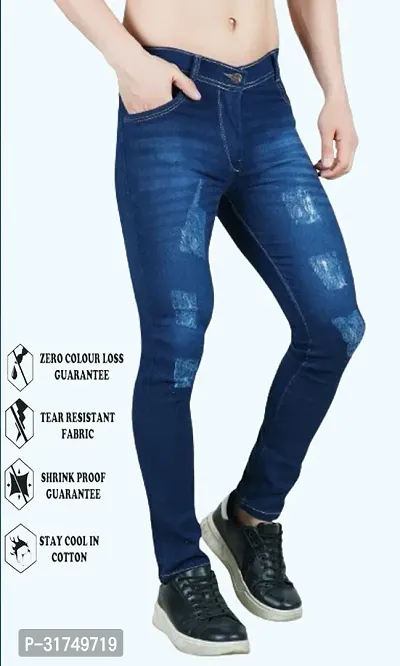 Stylish Blue Cotton Blend Solid Mid-Rise Jeans For Men