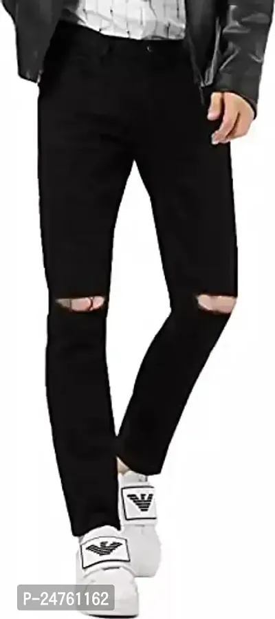 COMFITS Men's Regular Fit Cotton Blend Jeans (black knee cut jeans_Black_28)