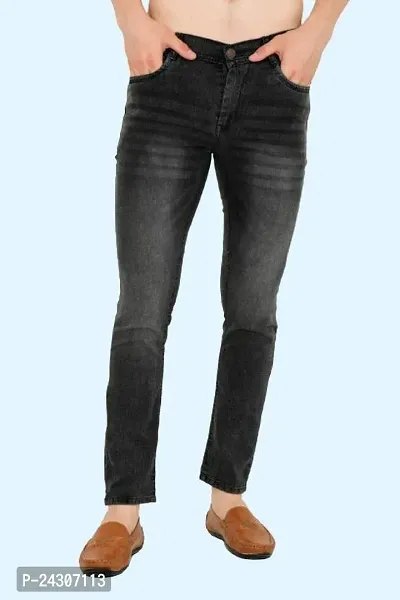 Stylish Dark Grey Cotton Blend Printed Mid-Rise Jeans For Men