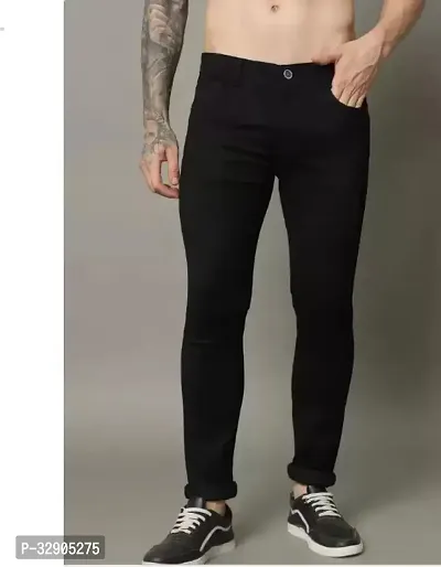 Stylish Black Denim Solid Regular Fit Jeans For Men-thumb0