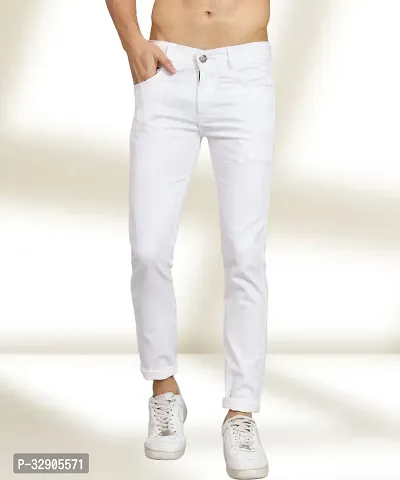 Elegant White Denim Solid Mid-Rise Jeans For Men-thumb0