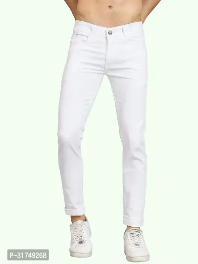 Stylish White Cotton Blend Solid Mid-Rise Jeans For Men-thumb0