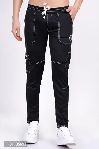 Stylish Black Polyester Spandex Solid Regular Track Pant For Men-thumb0