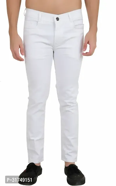 Stylish White Cotton Blend Solid Mid-Rise Jeans For Men-thumb0