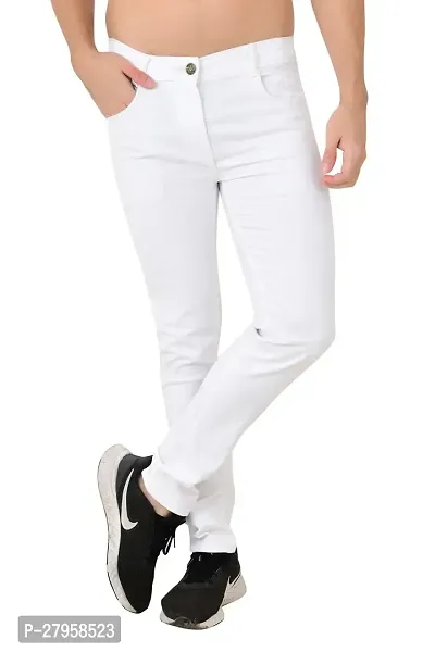 Stylish White Cotton Blend Solid Mid-Rise Jeans For Men-thumb0