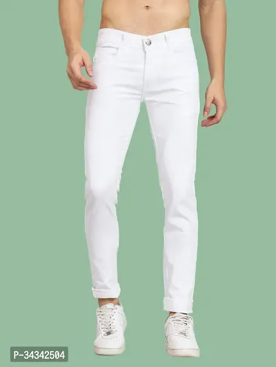 Stylish White Solid Tapered Fit  Denim Jeans For Men-thumb0