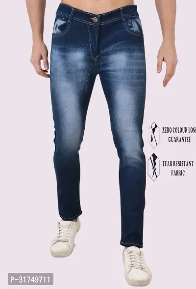 Stylish Blue Cotton Blend Solid Mid-Rise Jeans For Men