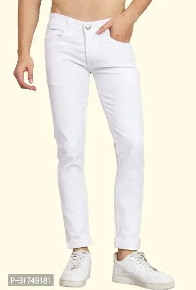 Stylish White Cotton Blend Solid Mid-Rise Jeans For Men-thumb0