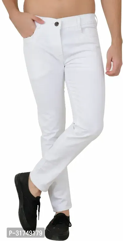 Stylish White Cotton Blend Solid Mid-Rise Jeans For Men-thumb0