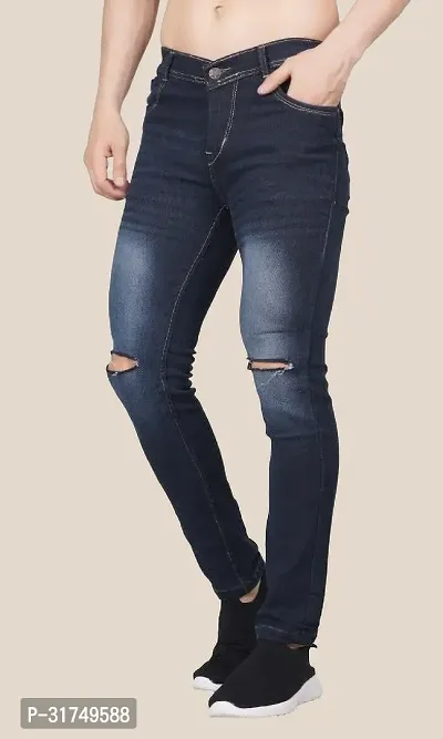 Stylish Blue Cotton Blend Solid Mid-Rise Jeans For Men