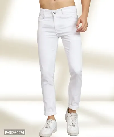 Elegant White Denim Solid Mid-Rise Jeans For Men-thumb0