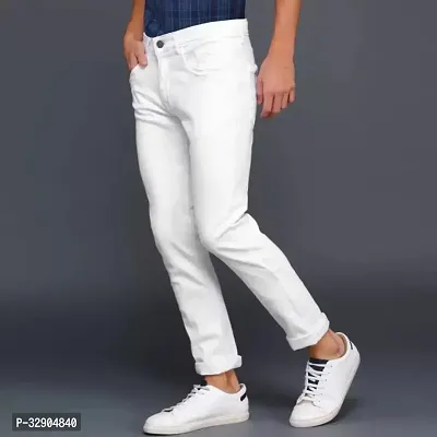 Stylish White Denim Solid Regular Fit Jeans For Men-thumb3