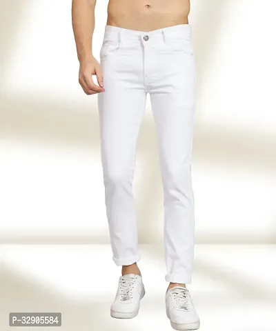 Elegant White Denim Solid Mid-Rise Jeans For Men-thumb0