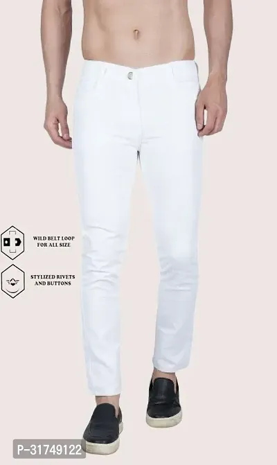 Stylish White Cotton Blend Solid Mid-Rise Jeans For Men-thumb0