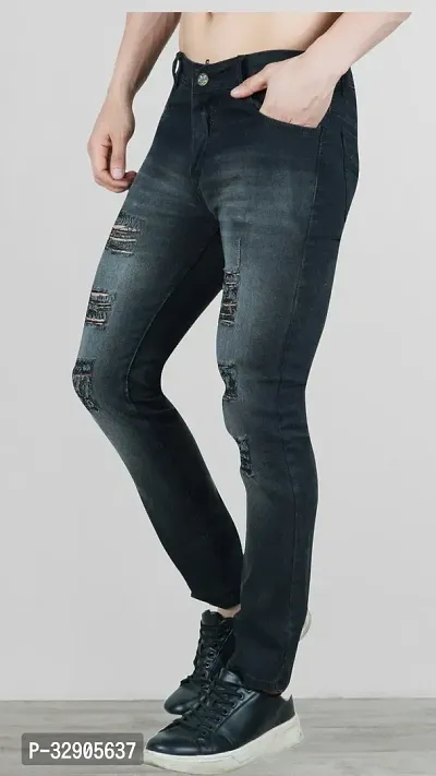 Elegant Grey Denim Distress Mid-Rise Jeans For Men-thumb0