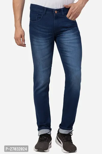 Classic Blue Cotton Blend Solid Jeans For Men