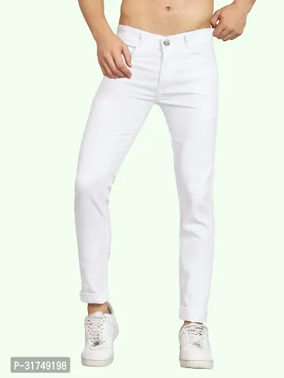 Stylish White Cotton Blend Solid Mid-Rise Jeans For Men-thumb0