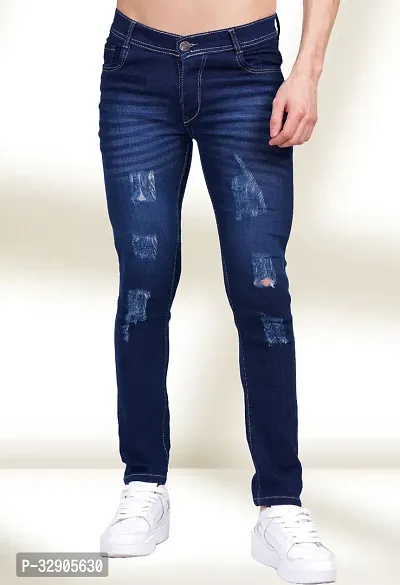 Elegant Blue Denim Distress Mid-Rise Jeans For Men-thumb0