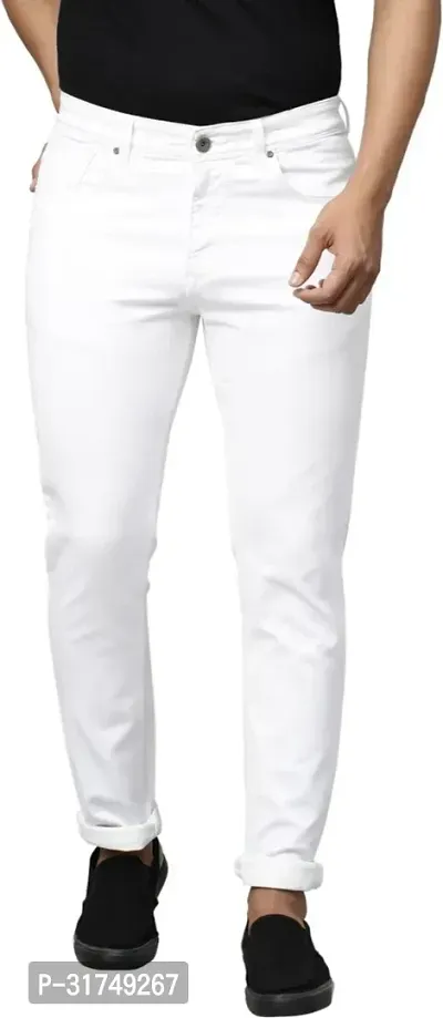 Stylish White Denim Solid Mid-Rise Jeans For Men-thumb0