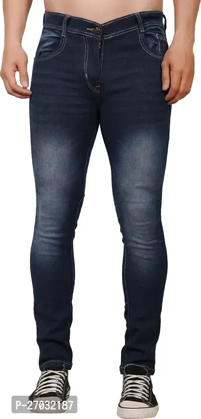 Classic Blue Cotton Blend Solid Jeans For Men