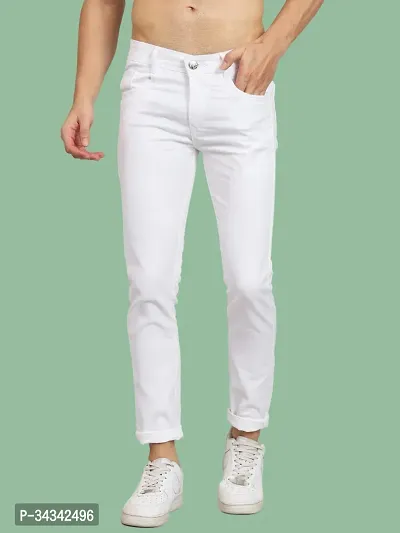 Stylish White Solid Tapered Fit  Denim Jeans For Men-thumb0