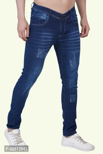 Stylish Cotton Blend Navy Blue Solid Mid Rise Jeans For Men-thumb0