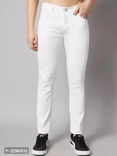 Stylish White Denim Solid Regular Fit Jeans For Men-thumb0