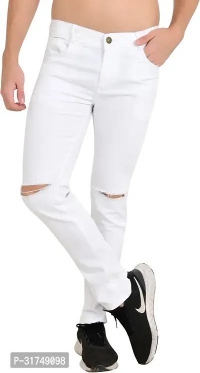 Stylish White Cotton Blend Solid Mid-Rise Jeans For Men-thumb0