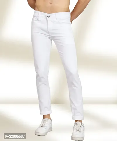 Elegant White Denim Solid Mid-Rise Jeans For Men-thumb0