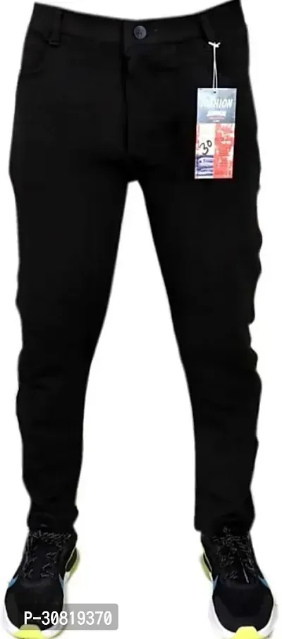 Mevan Stylish Black Lycra Blend Solid Regular Fit Trouser For Men