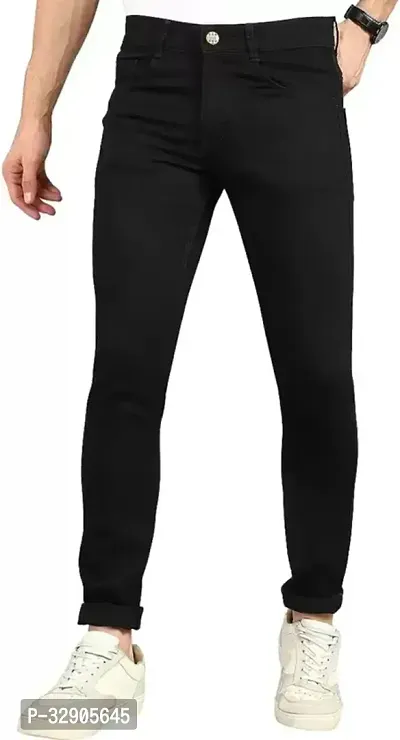 Elegant Black Denim Solid Mid-Rise Jeans For Men-thumb0