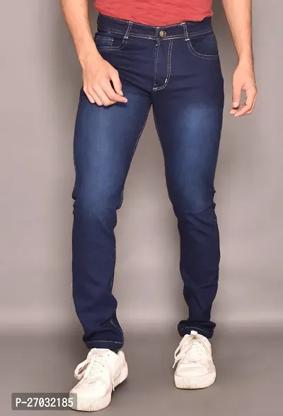 Classic Blue Cotton Solid Jeans For Men