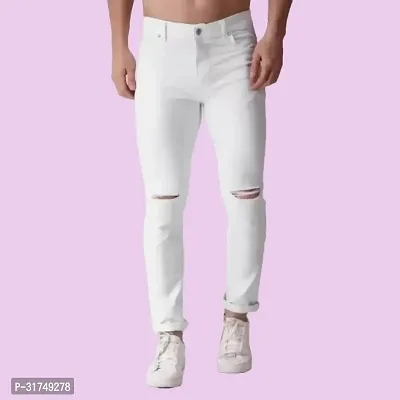 Stylish White Denim Solid Mid-Rise Jeans For Men-thumb0