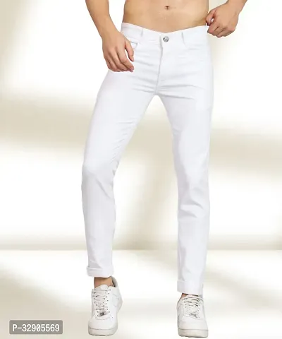 Elegant White Denim Solid Mid-Rise Jeans For Men-thumb0