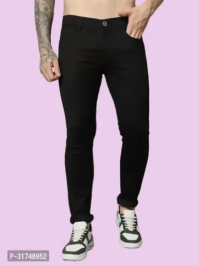 Stylish Black Denim Solid Mid-Rise Jeans For Men-thumb0