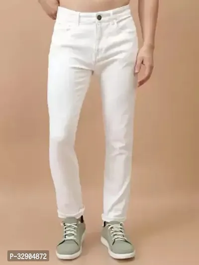 Stylish White Denim Solid Regular Fit Jeans For Men-thumb0