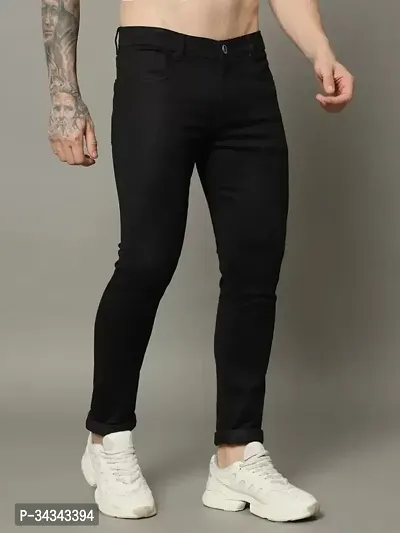 Stylish Black Denim Solid Jeans For Men-thumb0