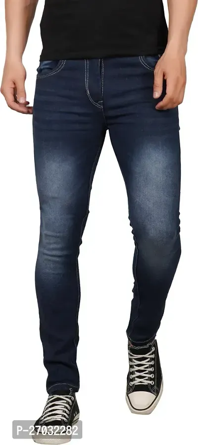 Classic Blue Cotton Blend Solid Jeans For Men